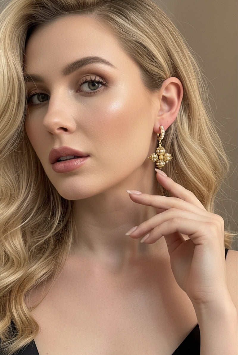 Elegant model wearing Opulence round pearl drops, perfect for a sophisticated Upper East Side gala or luxury event in New York.