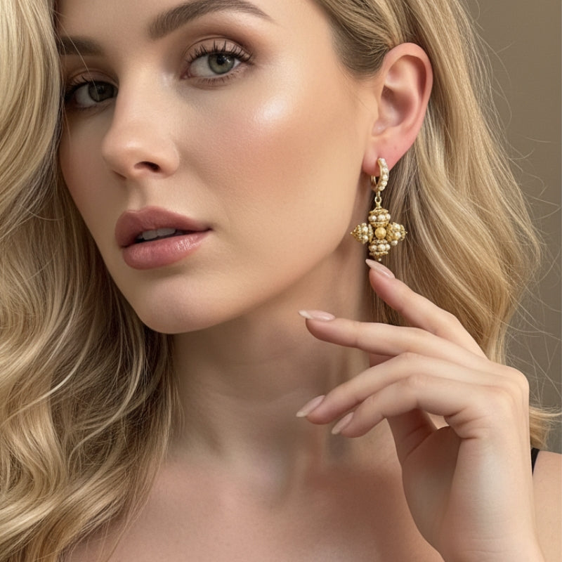 Model wearing an Opulence gold drop earring in a formal look