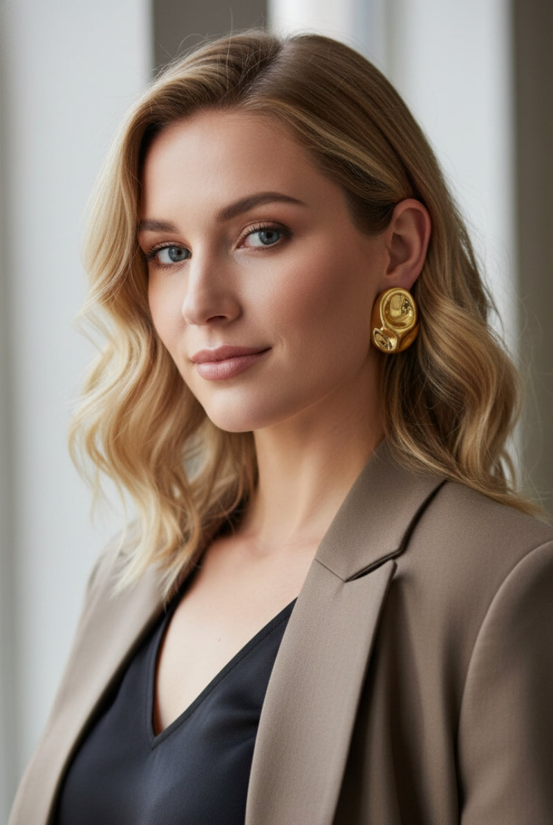 Sophisticated woman wearing chunky molten gold statement earrings with a brown blazer, showcasing quiet luxury style.
