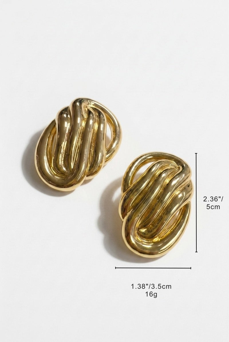 Size reference for sculptural oval knot statement stud earrings showing visible dimensions
