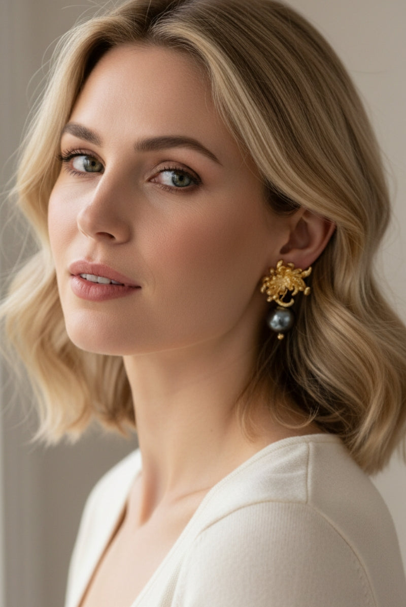 Studio portrait of a blonde woman wearing botanical textured gold studs with a grey-black pearl drop. Clean modern photography showcasing quiet luxury style jewelry paired with a minimalist white v-neck top.