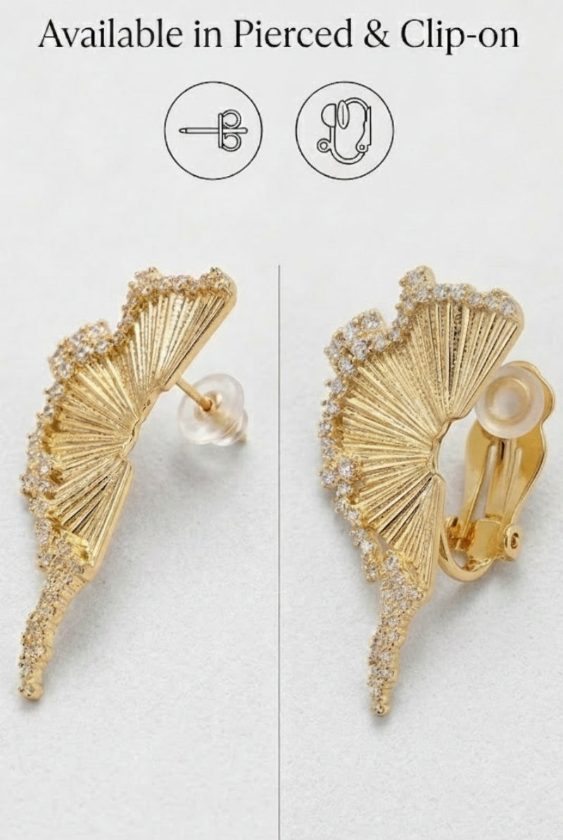 Showcasing the back of Radiance earrings with both pierced and clip-on fastener options for non-pierced ears.