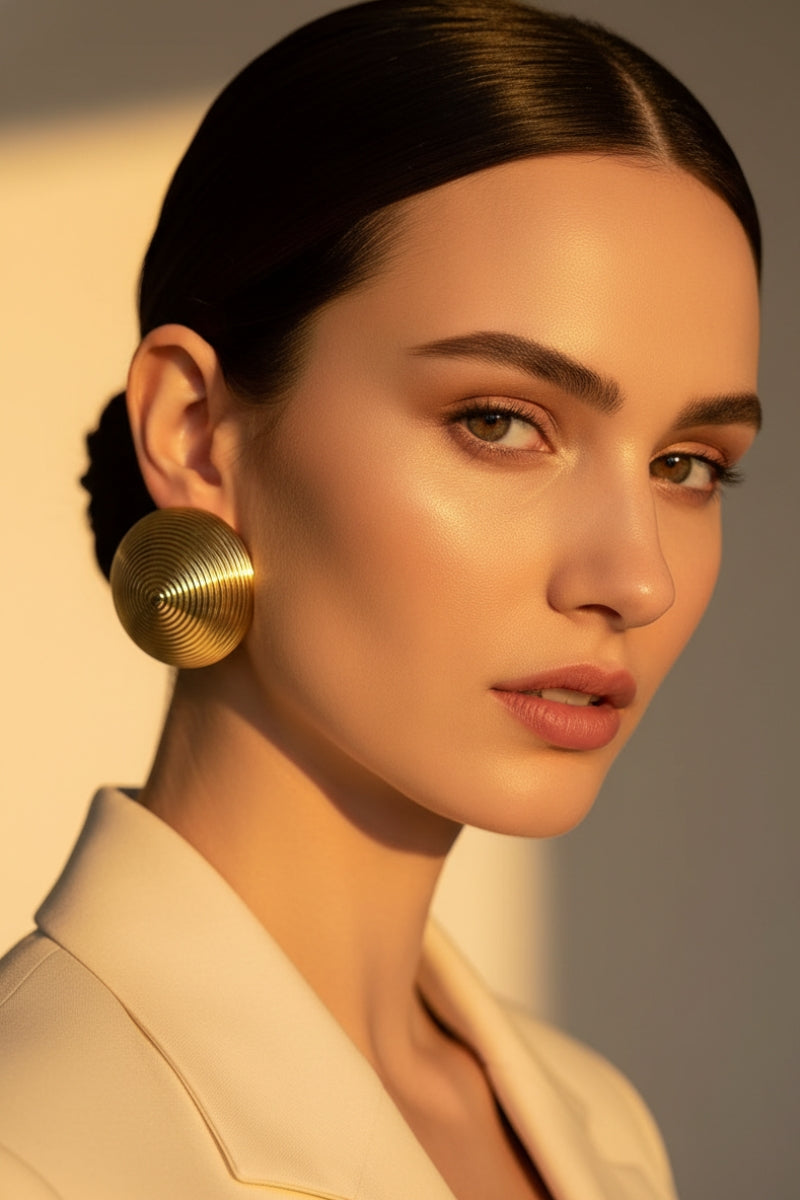 Side profile of a woman wearing chunky gold ribbed dome earrings in warm lighting.