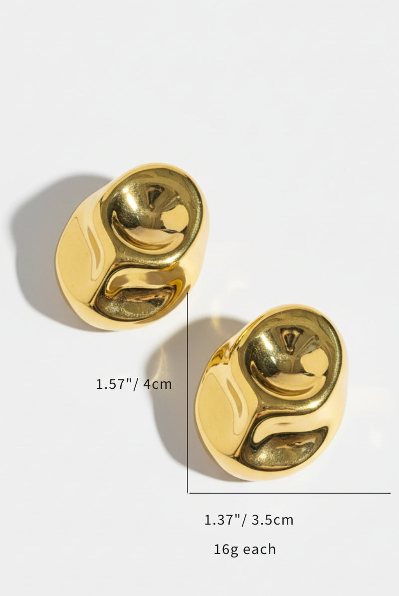 Size guide for sculptural gold earrings measuring 4cm by 3.5cm and weighing 16g each, showing large bold earring dimensions.