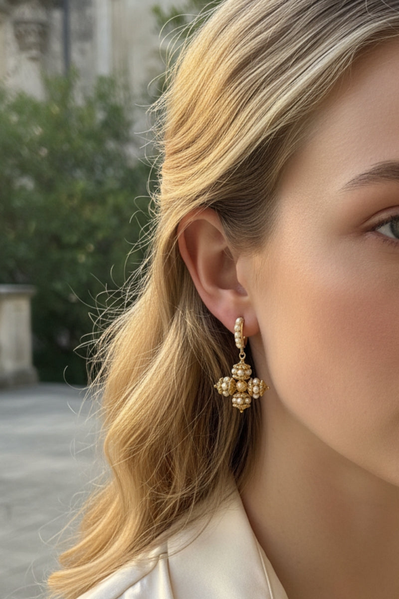 All Glows Opulence earrings featuring a high-luster large round shell pearl cradled in a sculptural 18K gold-plated molten setting.