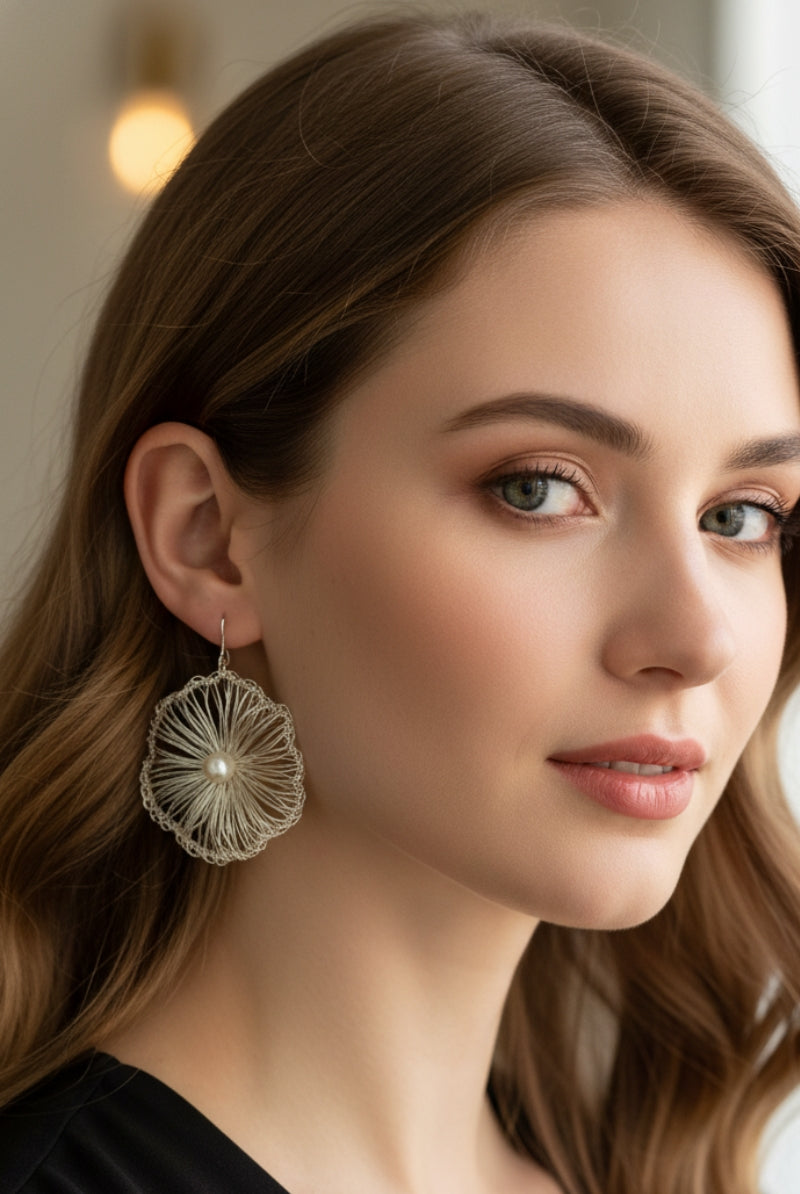 An elegant model with wavy dark hair wears gold crocheted filigree drops, capturing a luxurious Beverly Hills rooftop dinner aesthetic.