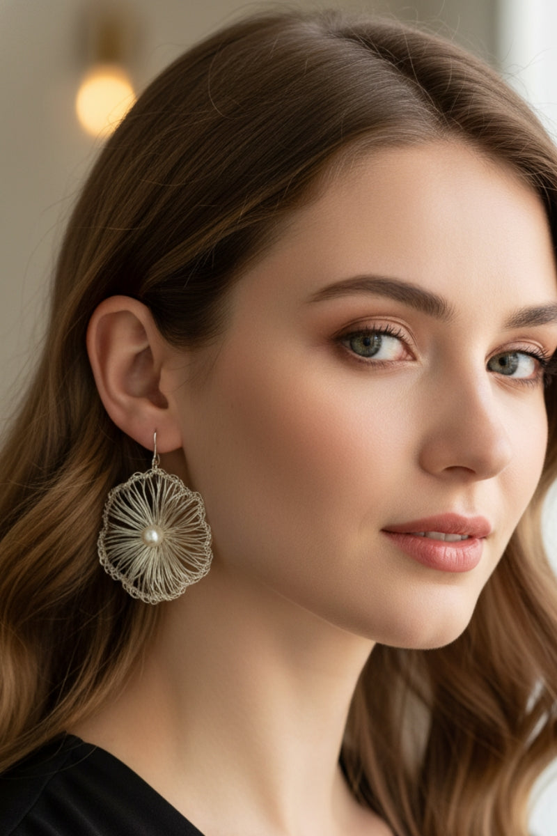 An elegant model with wavy dark hair wears gold crocheted filigree drops, capturing a luxurious Beverly Hills rooftop dinner aesthetic.