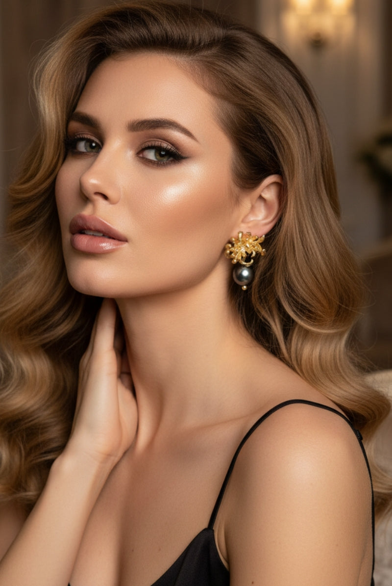 Glamorous evening wear close-up featuring statement cocktail earrings with liquid-gold textured flower tops and dark midnight pearl drops. Styled with a black slip dress for an elegant party jewelry aesthetic.