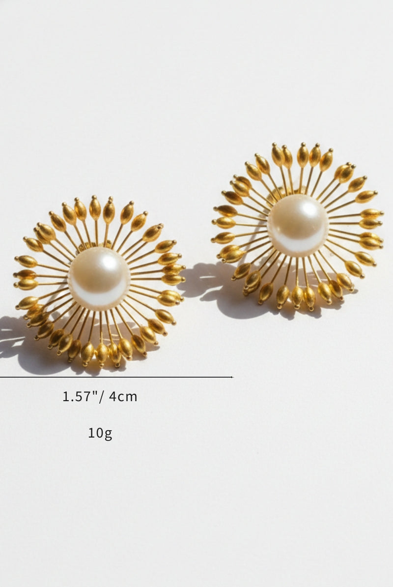 Hera Vintage Sunburst Pearl Earrings, 4cm 18K gold plated statement studs with large baroque pearl center, lightweight 10g jewelry design.