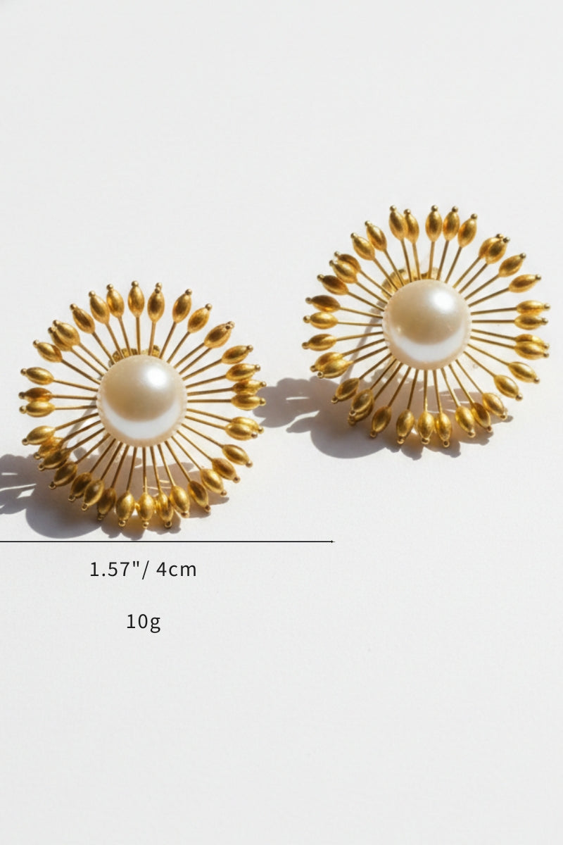 Hera Vintage Sunburst Pearl Earrings, 4cm 18K gold plated statement studs with large baroque pearl center, lightweight 10g jewelry design.
