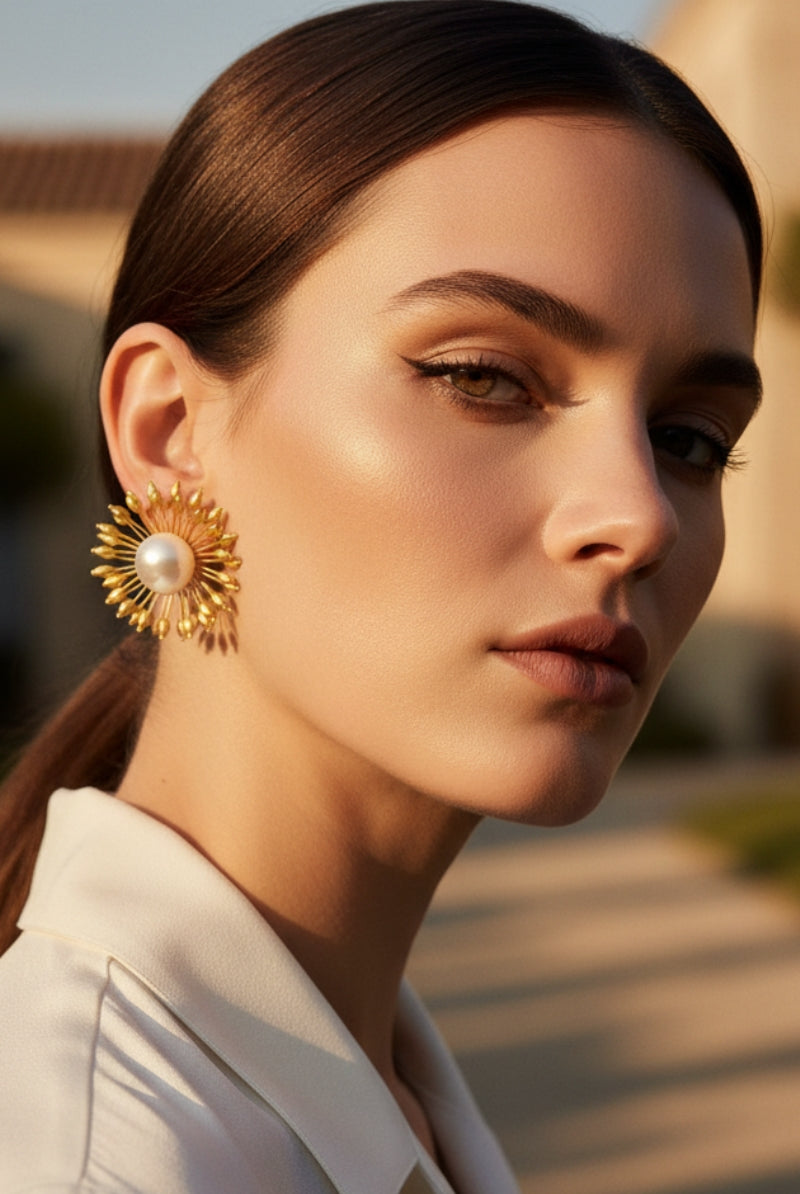 Elegant woman wearing vintage-style gold sunburst pearl earrings during golden hour outdoors.
