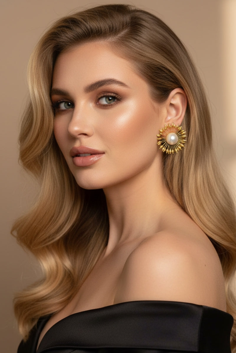 Close-up of Hera 18K gold plated baroque pearl statement studs for evening wear, luxurious wedding guest jewelry gift for her.