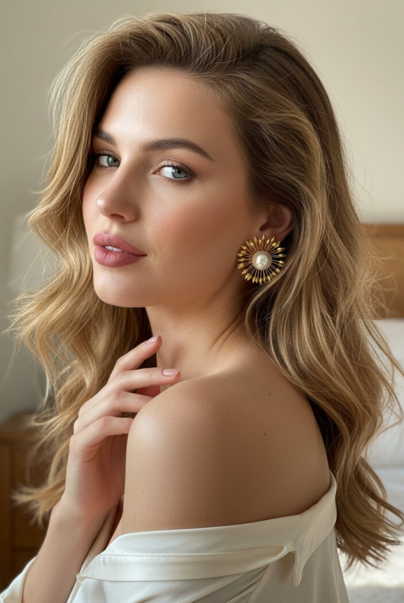 Hera baroque pearl sunburst earrings paired with off-the-shoulder white silk shirt, elegant French style fashion jewelry for European markets.