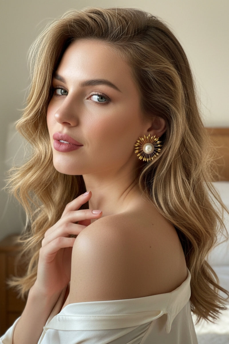 Hera baroque pearl sunburst earrings paired with off-the-shoulder white silk shirt, elegant French style fashion jewelry for European markets.