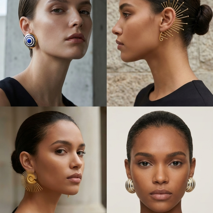 Four-panel fashion editorial grid featuring models wearing avant-garde sculptural architectural jewelry, including large sunburst ear cuffs, cobalt blue enamel dome studs, and ribbed metal drop earrings.