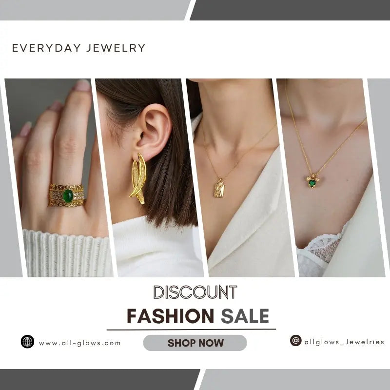 Flatlay of minimalist rings, earrings and bracelets on white background