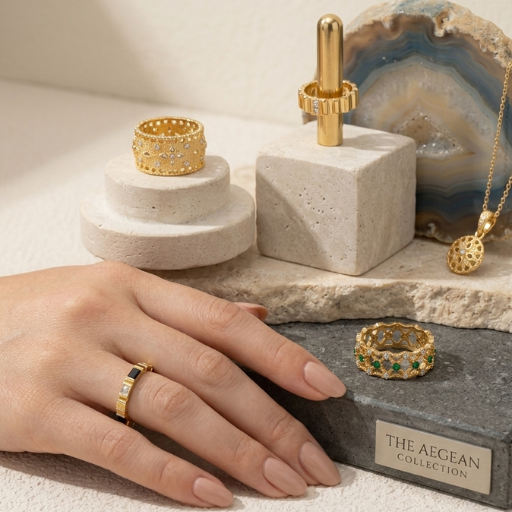 18K gold plated brass rings featuring sculptural and statement designs from All-Glows