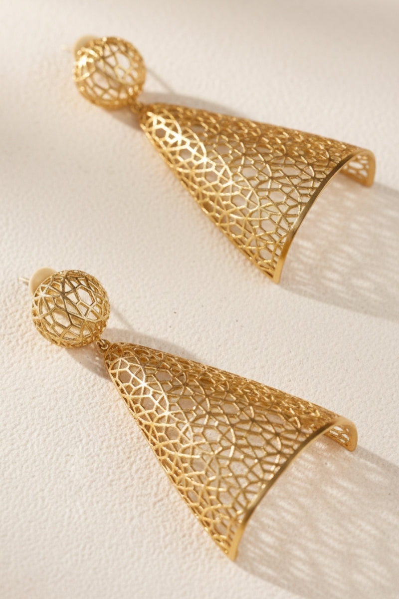 Two 18K gold plated lattice drop earrings on a textured surface, with ball posts and cone-shaped dangles.
