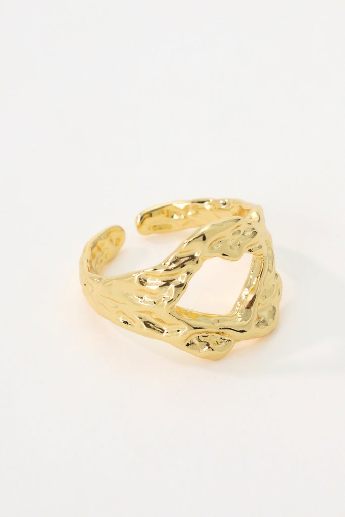 Dream Ring - 18K Gold Plated Brass, Adjustable Open Design with Irregular Textured Square and Hollow Center All-Glows