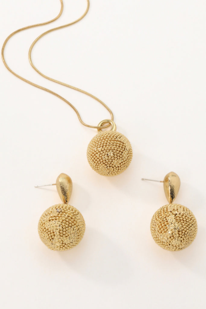 Earth Jewelry Set: Gold-Plated Brass Necklace & Earrings, Unique Textured Globe Design, Minimalist & Chic All-Glows