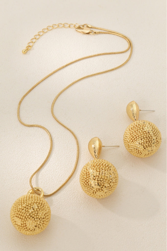 Earth Jewelry Set: Gold-Plated Brass Necklace & Earrings, Unique Textured Globe Design, Minimalist & Chic All-Glows