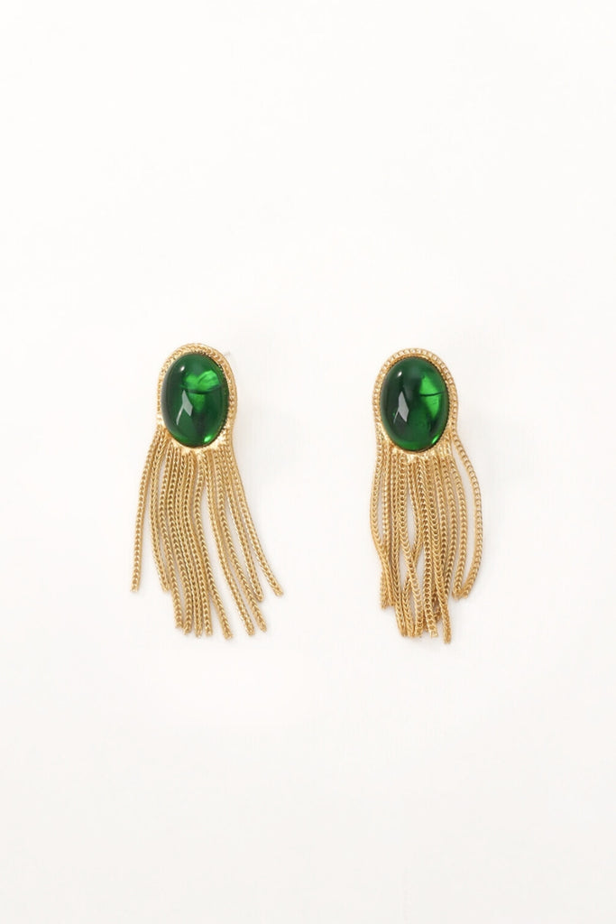 Gold-Plated Eclipse Vintage Tassel Green bead Earrings