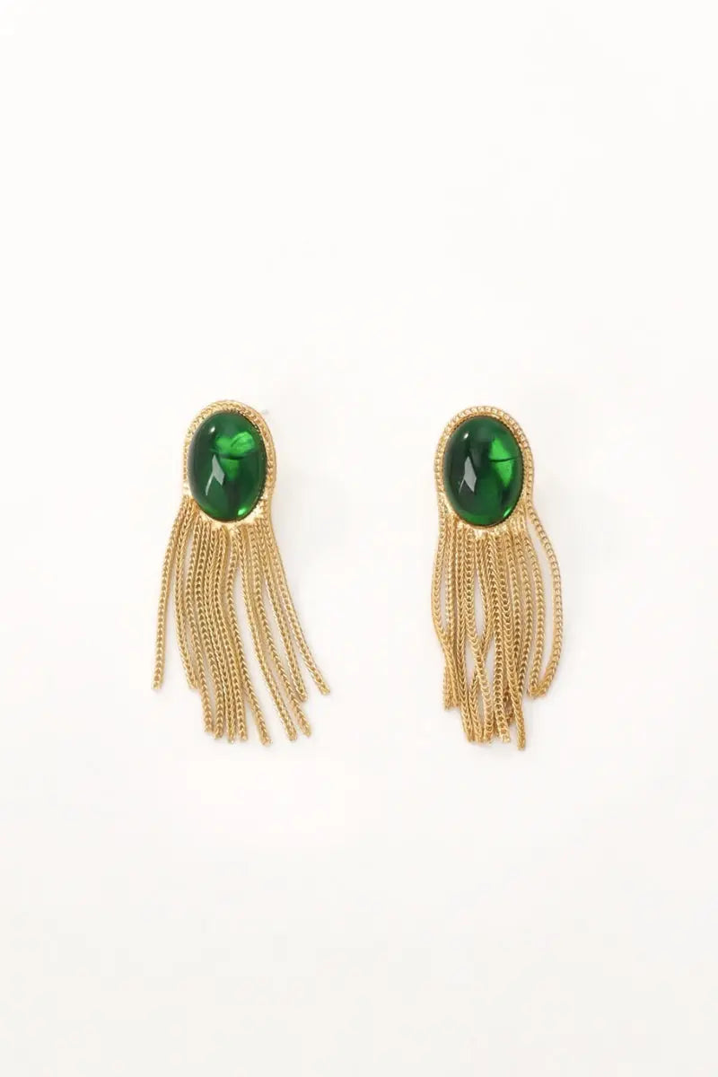 Gold-Plated Eclipse Vintage Tassel Green bead Earrings