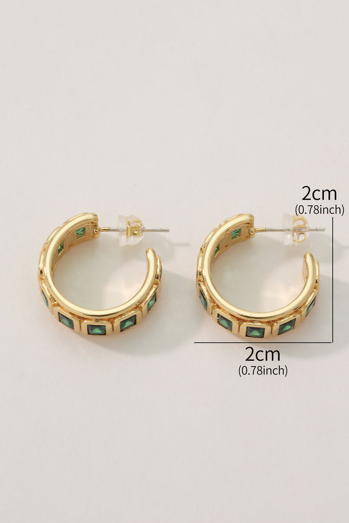 Halo Earring: 18K Gold-Plated Brass Semi-Hoop with Rectangular Green Zirconia All-Glows