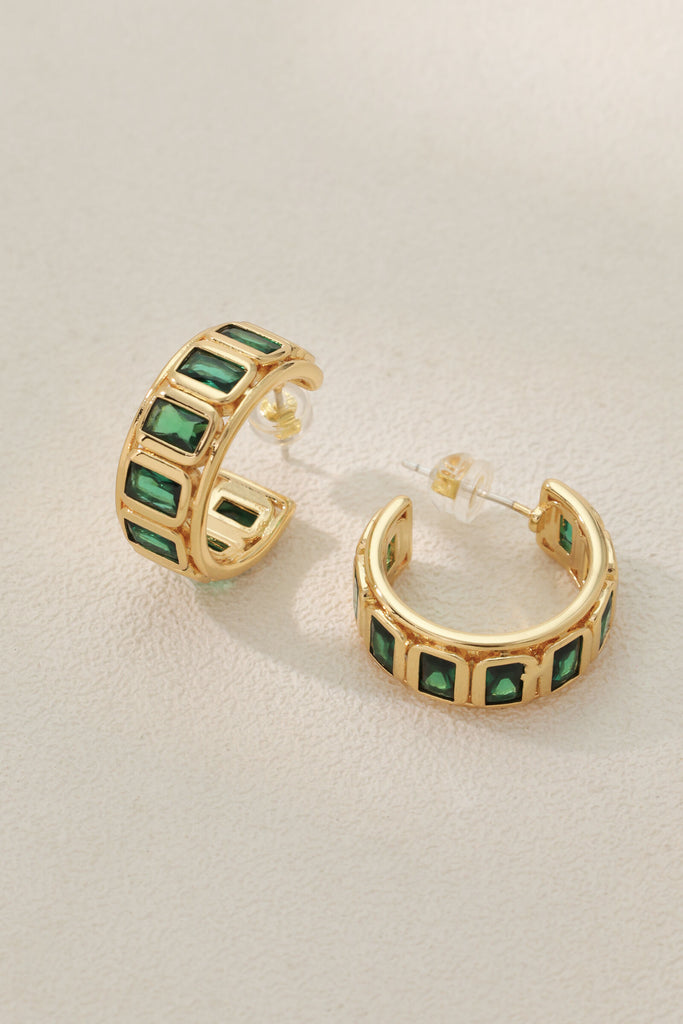 Halo Earring: 18K Gold-Plated Brass Semi-Hoop with Rectangular Green Zirconia All-Glows