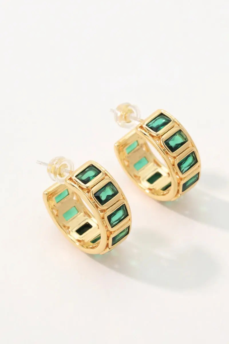 Halo Earring: 18K Gold-Plated Brass Semi-Hoop with Rectangular Green Zirconia All-Glows