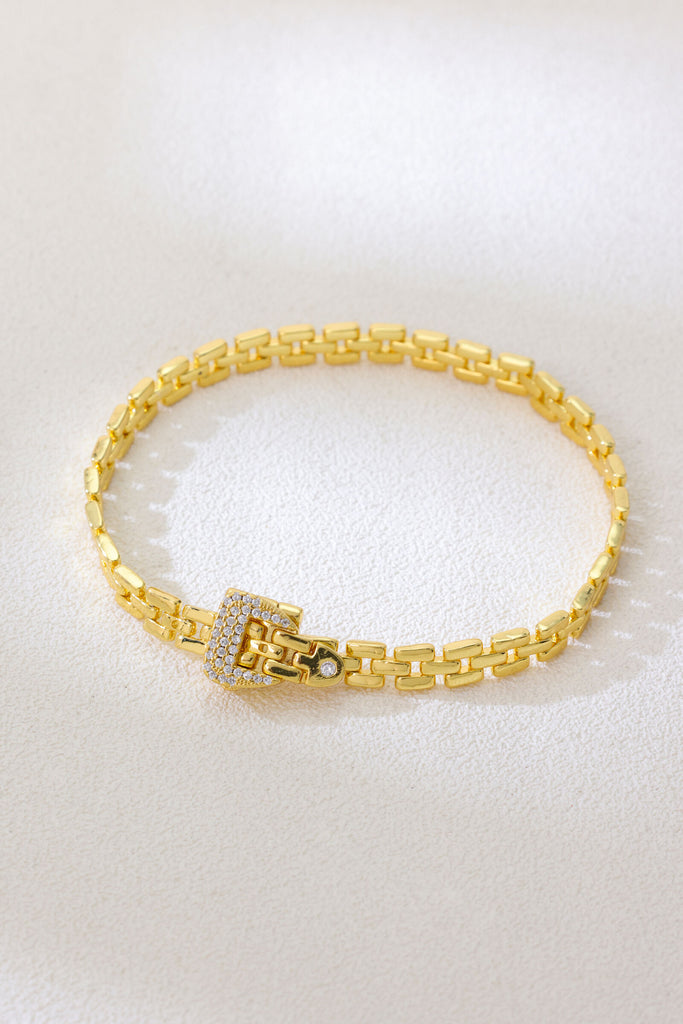 Milan Bracelet: Adjustable 18K Gold-Plated Leather Chain with Zirconia Buckle All-Glows