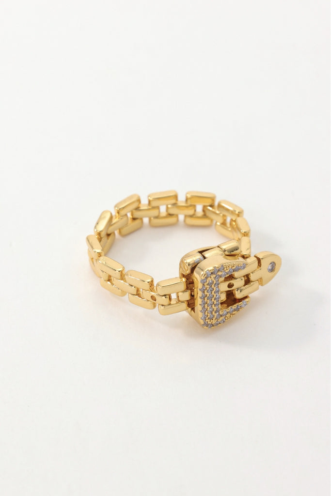 Milan Adjustable Belt Buckle Ring - Elegant 18K Gold-Plated Brass with Sparkling Zirconia Detail All-Glows