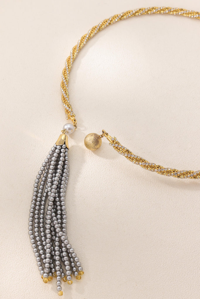 Nova Necklace – Twisted Design with Crystal Cuff and Swarovski Pearl Tassel All-Glows