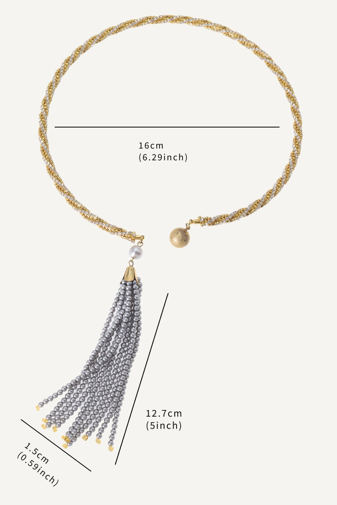 Nova Necklace – Twisted Design with Crystal Cuff and Swarovski Pearl Tassel All-Glows