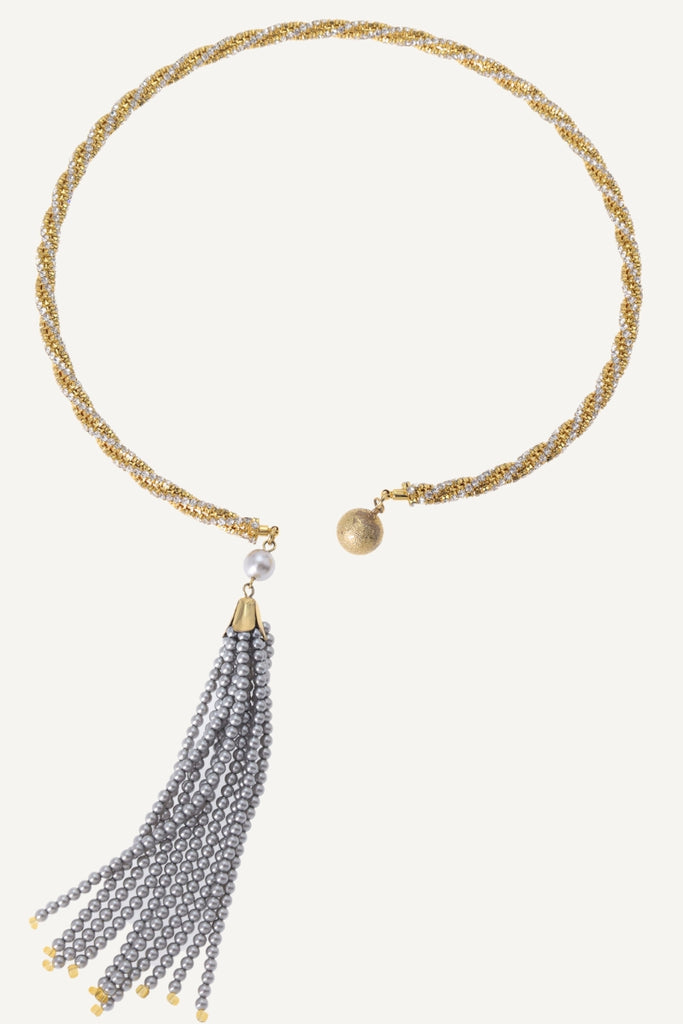 Nova Necklace – Twisted Design with Crystal Cuff and Swarovski Pearl Tassel All-Glows