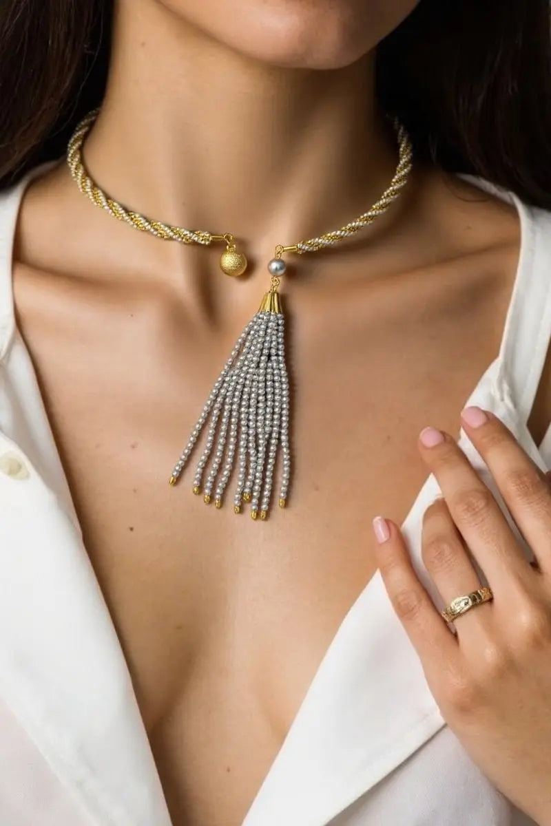 Buy Nova Necklace – Twisted Design with Crystal Cuff and Swarovski Pearl Tassel All-Glows