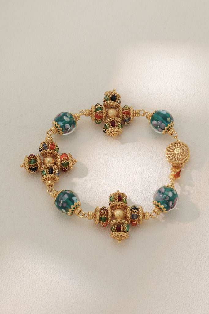 Opulence Bracelet – Gold Filigree Push-In Clasp with Semi-Precious Gemstones and Blue Crystals All-Glows