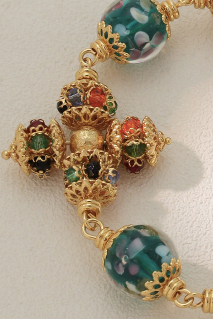 Opulence Bracelet – Gold Filigree Push-In Clasp with Semi-Precious Gemstones and Blue Crystals All-Glows