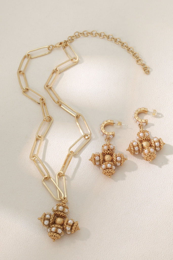 Opulence Faux Pearl Jewelry Set: 18K Gold-Plated Cross Necklace & Earrings All-Glows