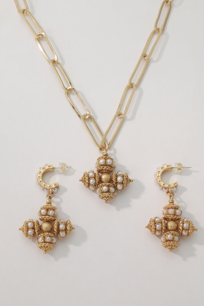 Opulence Faux Pearl Jewelry Set: 18K Gold-Plated Cross Necklace & Earrings All-Glows