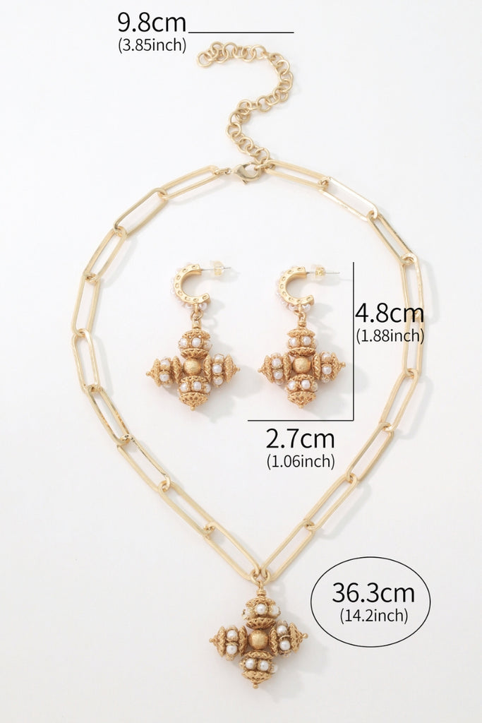 Opulence Faux Pearl Jewelry Set: 18K Gold-Plated Cross Necklace & Earrings All-Glows