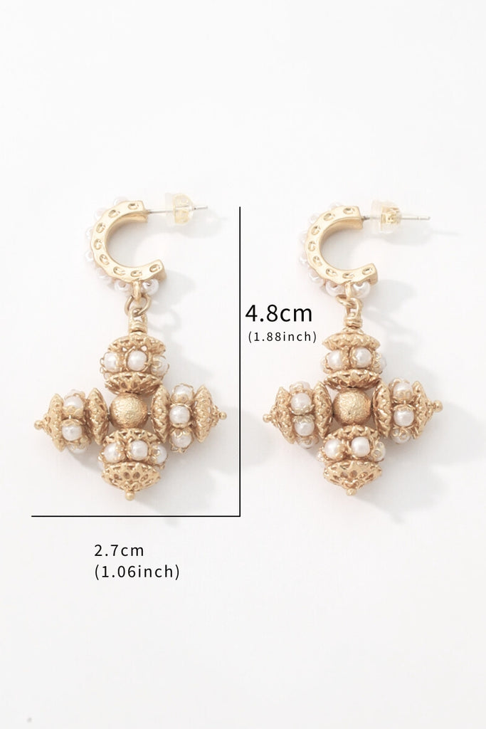 Opulence Faux Pearl Earrings – 18K Gold-Plated with Multicolored Gemstones and Filigree Cross All-Glows