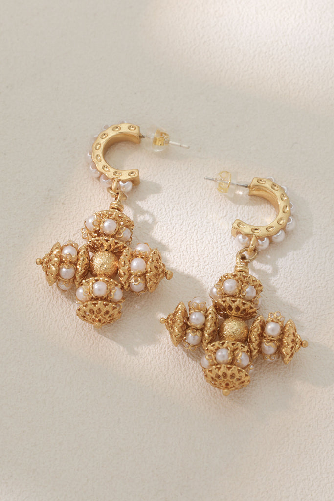 Opulence Faux Pearl Earrings – 18K Gold-Plated with Multicolored Gemstones and Filigree Cross All-Glows