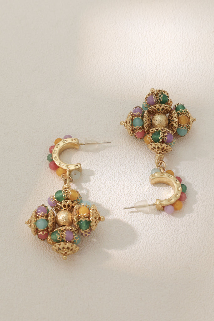 Opulence Artificial Gemstone Earrings – 18K Gold-Plated with Multicolored Gemstone Cross Pendants All-Glows