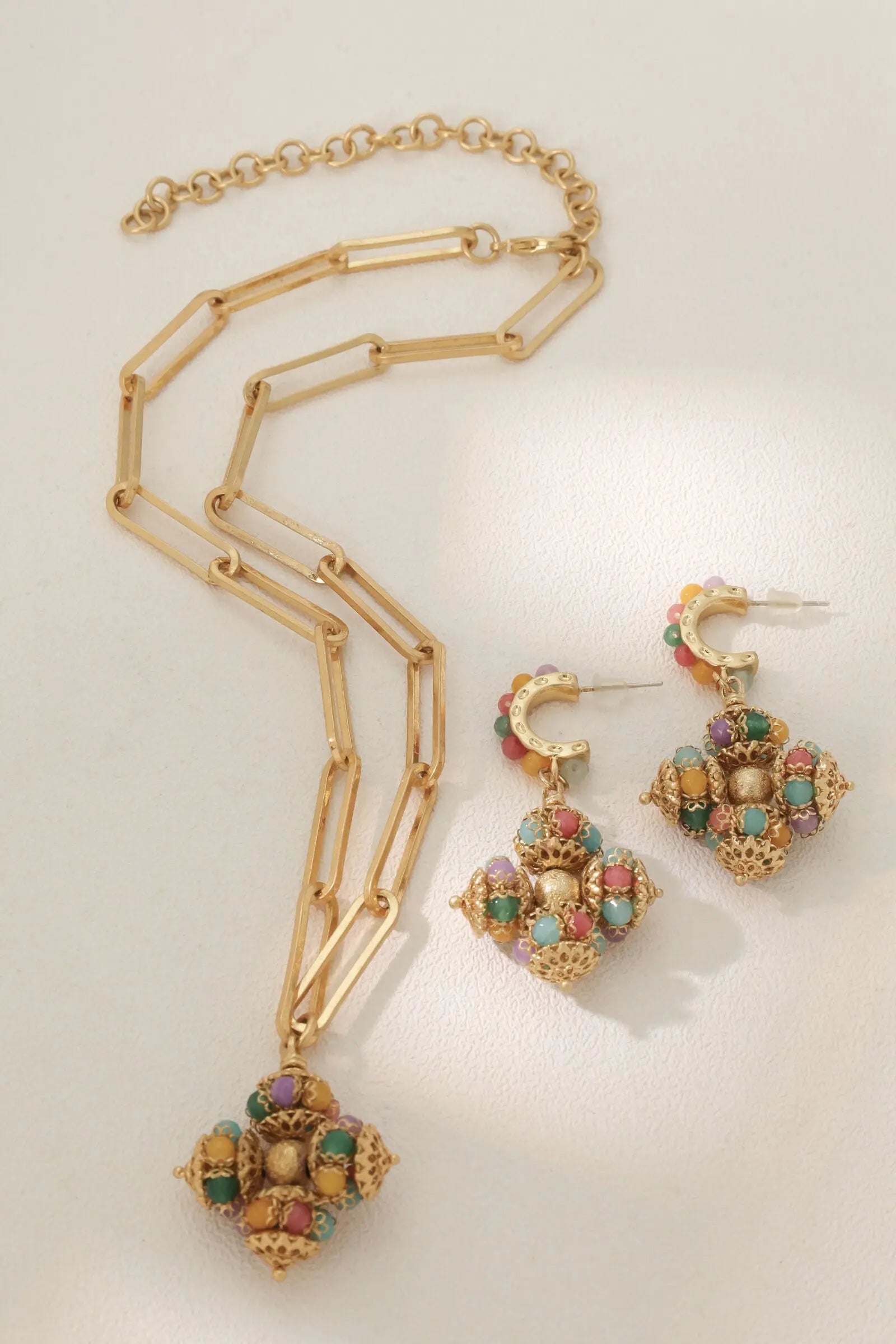 Opulence Artificial Gemstone Jewelry Set – Necklace & Earrings with Filigree Cross Pendants All-Glows