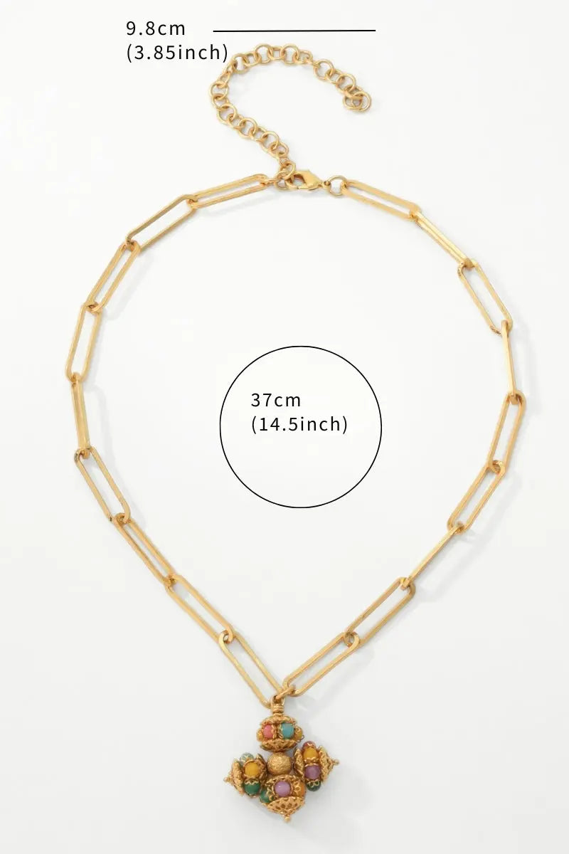 Opulence Artificial Gemstone Necklace – 18K Gold-Plated Chain with Multicolored Gemstone Cross Pendant All-Glows