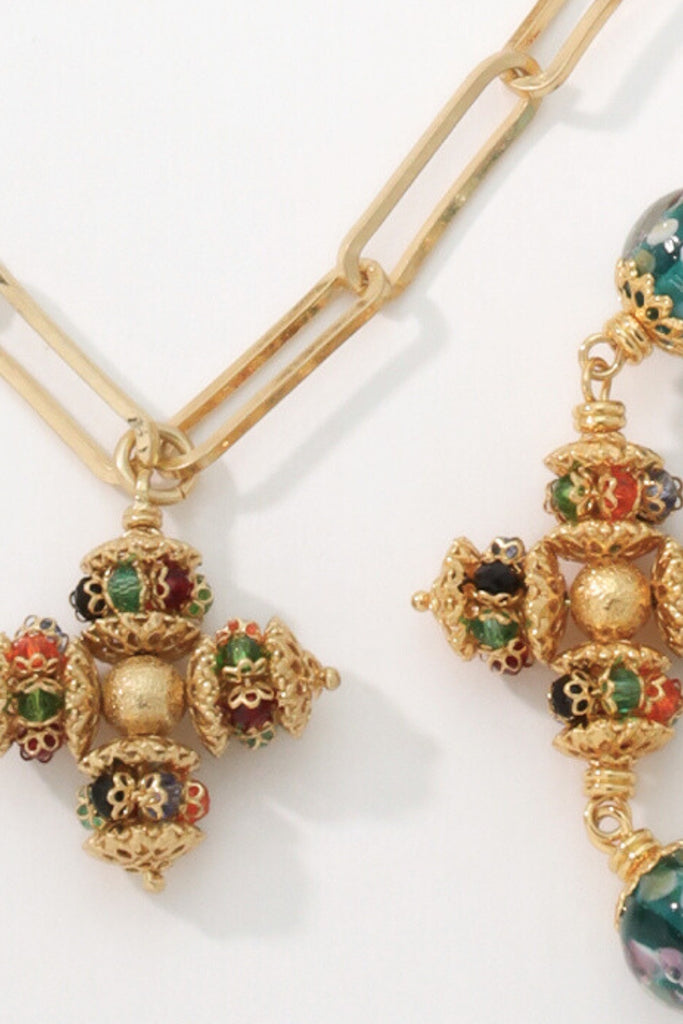 Opulence Necklace – 18K Gold-Plated Paperclip Chain with Multicolored Crystals Cross Pendants All-Glows