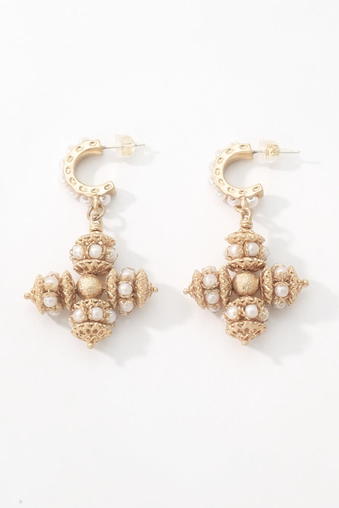 Opulence Faux Pearl Earrings – 18K Gold-Plated with Multicolored Gemstones and Filigree Cross All-Glows