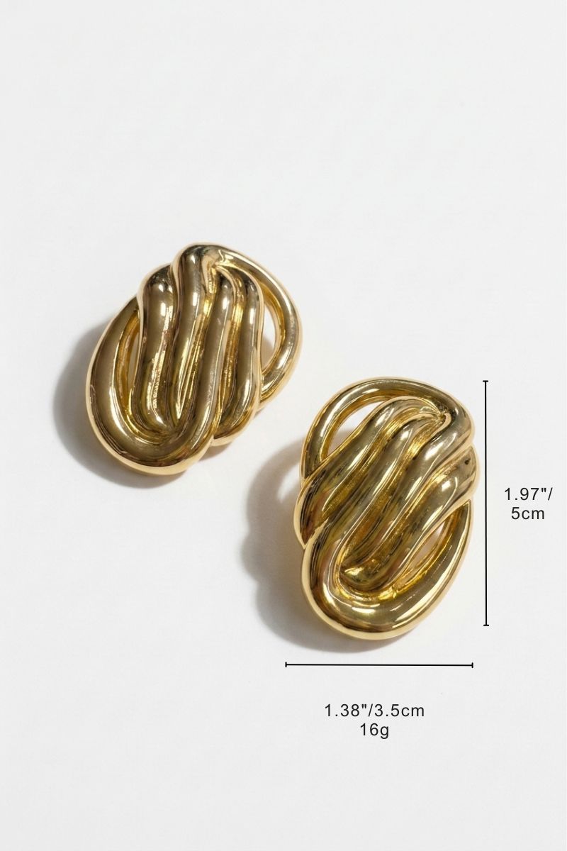 Size reference for sculptural oval knot statement stud earrings showing visible dimensions