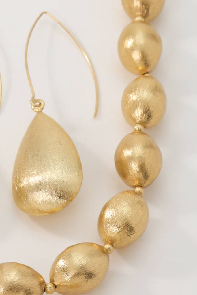 Queen Earrings – 18K Gold-Plated Brass Drop Earrings with Textured Olive-Shaped Beads All-Glows